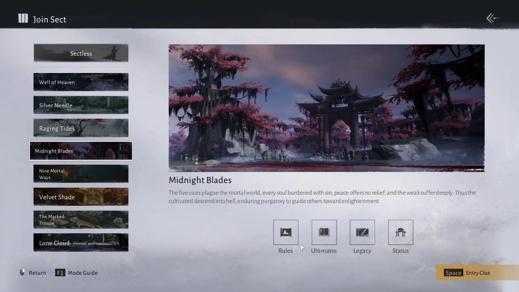 Секта Midnight Blades в игре Where winds meet