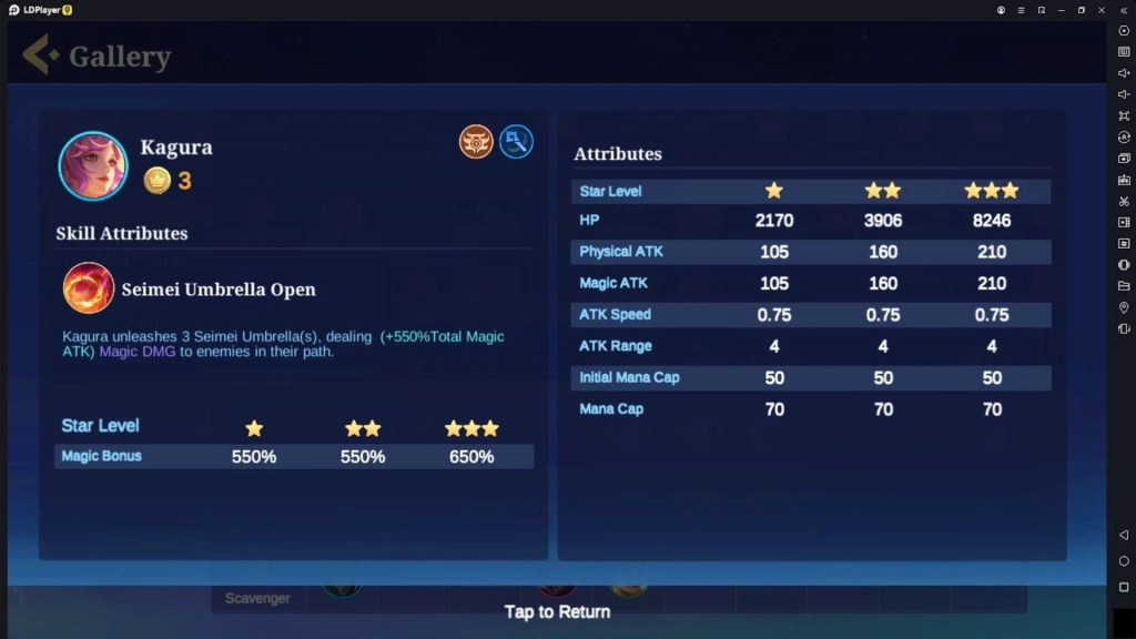 Informasi commander Kagura beserta atribut dan peningkatan kekuatan berdasarkan levelnya.