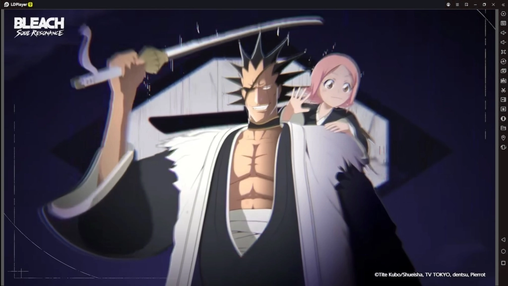 karakter Kenpachi Zaraki memegang pedangnya di atas kepala.