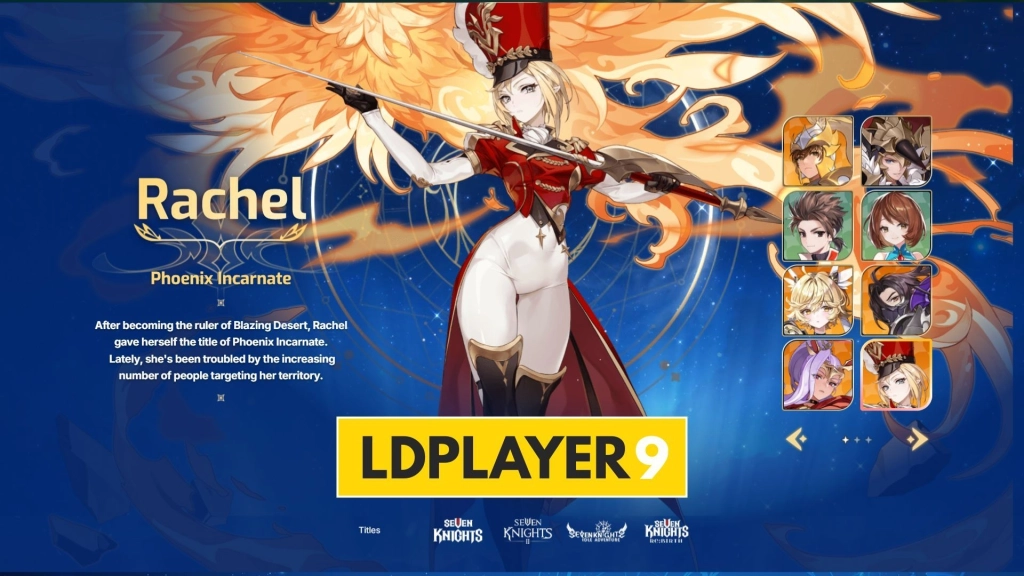 Karakter Rachel dari Seven Knights, berdiri gagah dengan tombak dan sayap api, digambarkan sebagai Phoenix Incarnate.