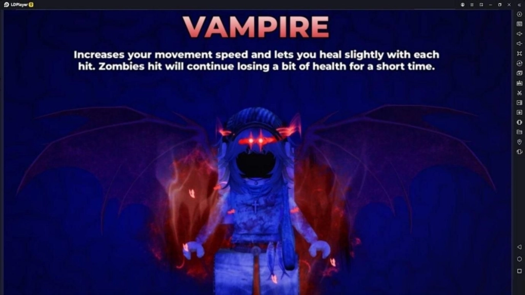 Tampak perks vampire di Roblox Hunty Zombie dengan karakter berselimutkan asap merah dan mata bersinar merah.