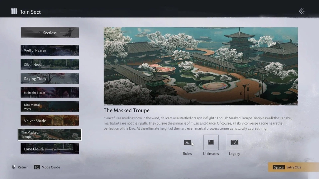 Секта The Masked Troupe в игре Where winds meet