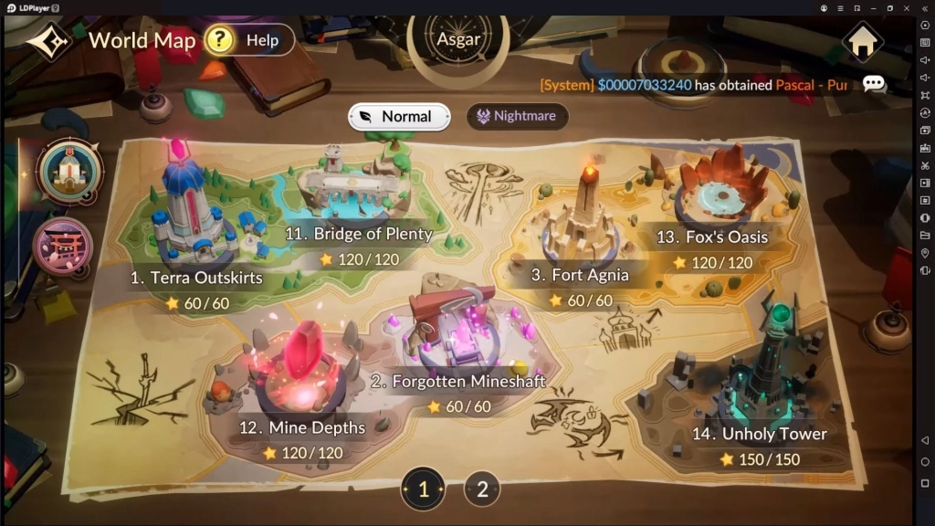 Peta dunia dalam game menampilkan berbagai lokasi seperti Terra Outskirts dan Unholy Tower dengan status bintang penuh.