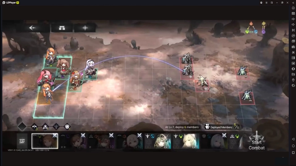 Pertempuran grid Elpis: Fallen Star dengan penempatan karakter dan garis serangan ke musuh.
