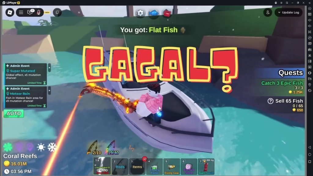 Tampilan game Roblox Fish It! dengan karakter sedang memancing di atas kapal putih. Teks besar "GAGAL?" muncul di layar, sementara hasil tangkapan menunjukkan "You got: Flat Fish".
