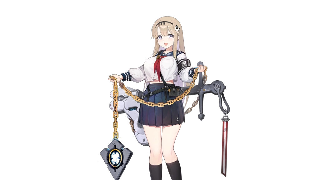 Chaos Zero Nightmare: Haru dan senjata besarnya yang sedang dipegang di hadapannya.