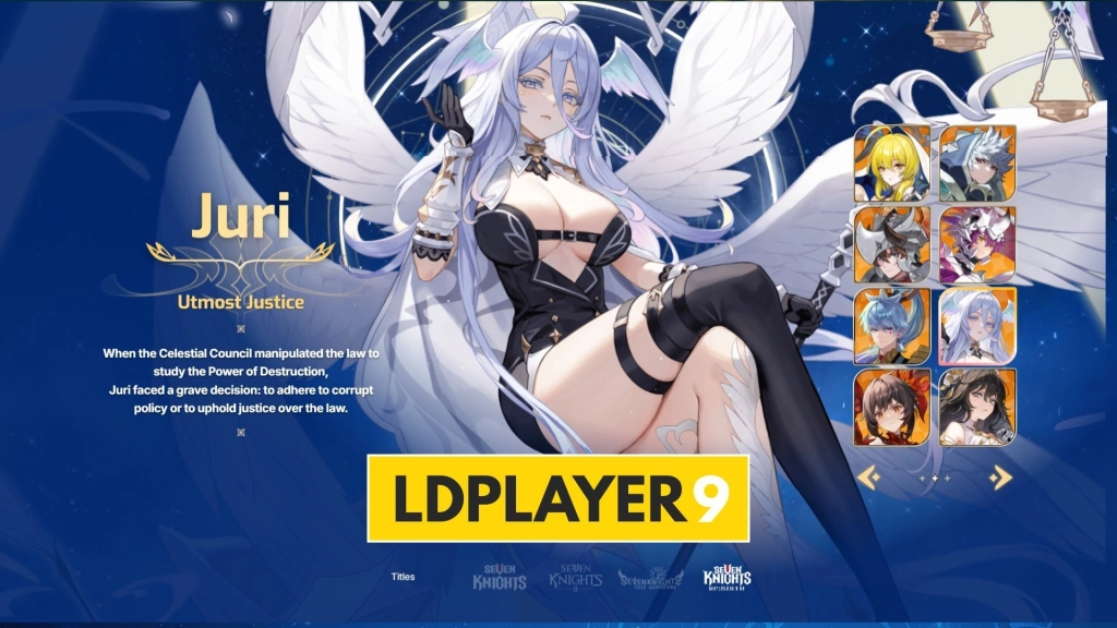 Ilustrasi karakter Juri dari game Seven Knights Idle Adventure dengan tema "Utmost Justice", ditampilkan di layar promosi LDPlayer 9.