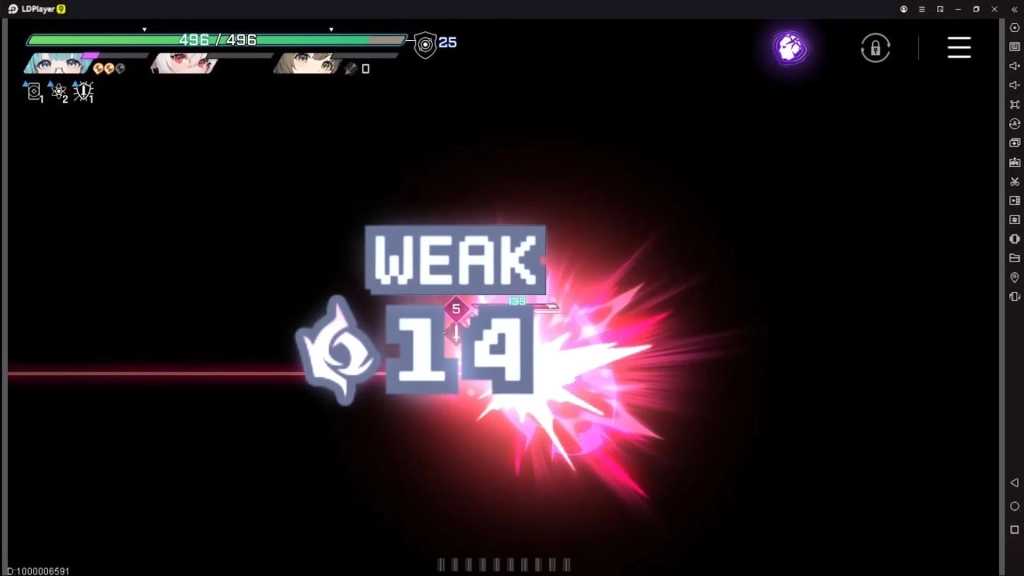 Tampilan efek skill dengan Weak 14 yang diberikan kepada monster.