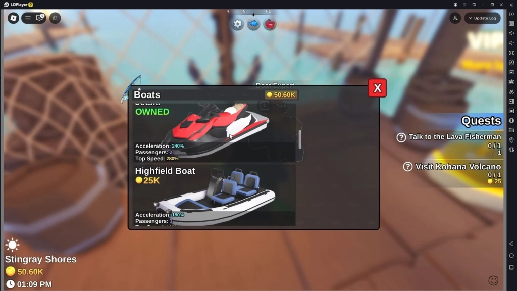 Tampilan menu pembelian perahu di Roblox Fish It! menampilkan Jetski berwarna merah hitam dengan status "Owned" dan Highfield Boat putih seharga 25K koin. Di samping kanan terdapat daftar quest pemain.