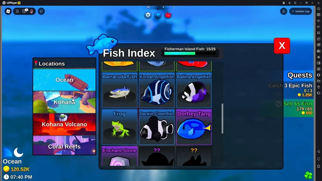 Menu Fish Index terbuka, menampilkan daftar ikan yang sudah ditangkap di berbagai lokasi seperti Ocean, Kohana, Kohana Volcano, dan Coral Reefs. Beberapa ikan sudah terlihat seperti Barracuda Fish, Frog, dan Dorhey Tang, sementara lainnya masih terkunci.