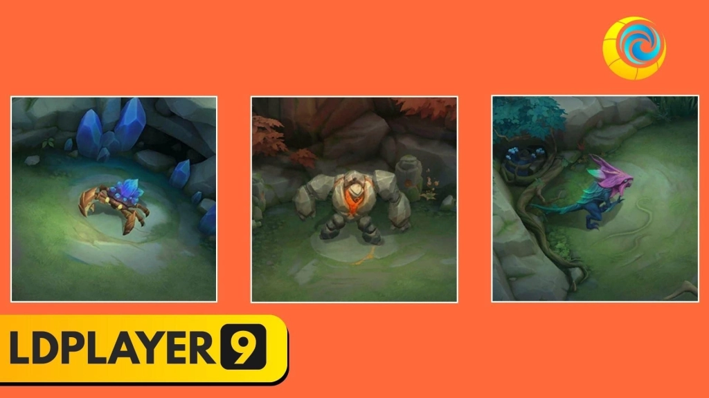 Ilustrasi tiga monster jungle Mobile Legends: crab, golem buff merah, dan monster buff biru, dengan logo LDPlayer 9.