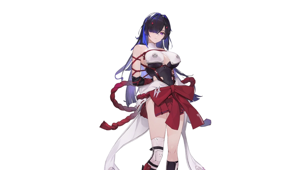 Chaos Zero Nightmare: Chizuru melipat tangannya ke belakang memperlihatkan pita merah besar.