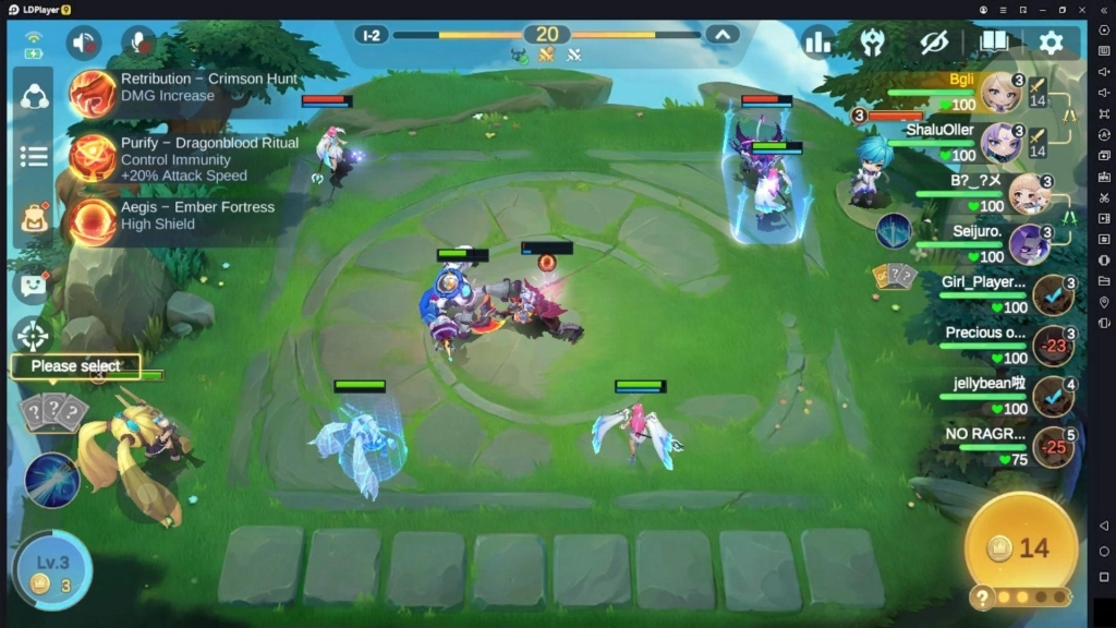 Tampilan bertarung Magic Chess: Go Go di babak awal di mana di sebelah kanan terdapat HP setiap karakter lawan dan diri sendiri.