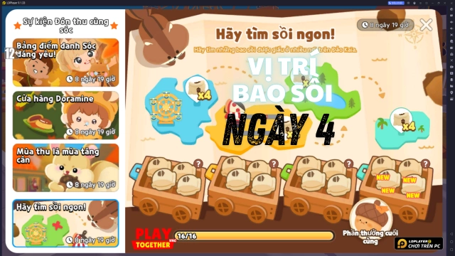 Play Together - VNG: Hướng dẫn vị trí thu thập bao sồi ngày 4