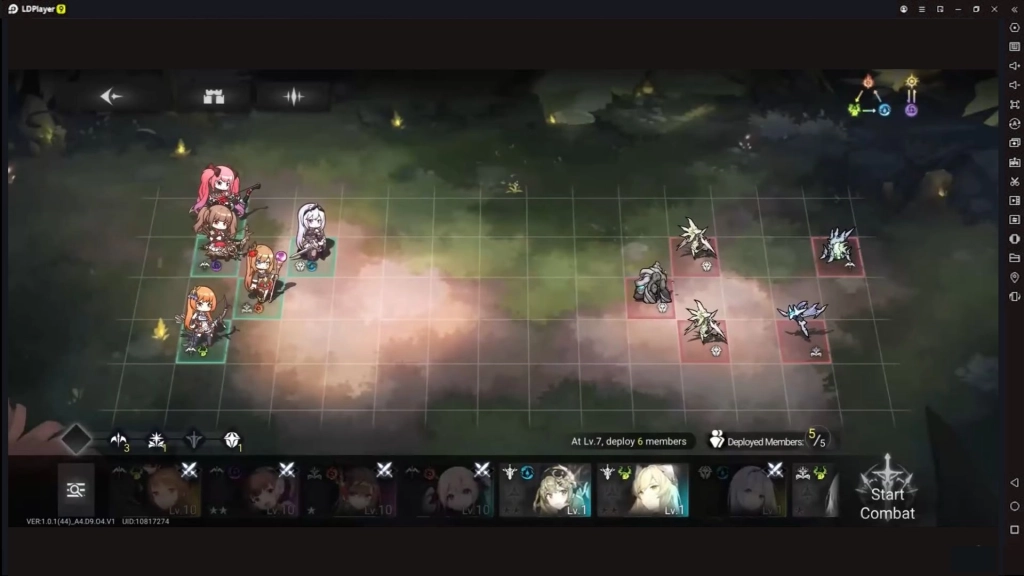Gameplay Elpis: Fallen Star menampilkan tim karakter melawan monster di medan malam hari.