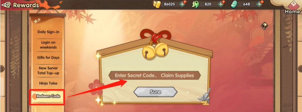 In the Rewards menu, select Redeem Code from the list on the left.