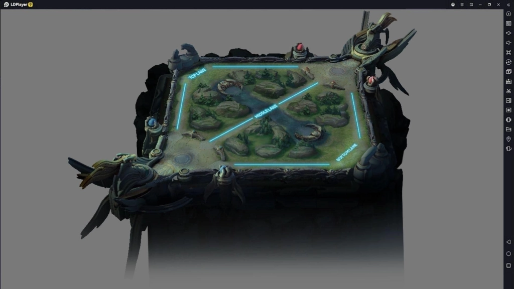 Tampilan 3D peta Mobile Legends dengan label jalur Top Lane, Middle Lane, dan Bottom Lane.