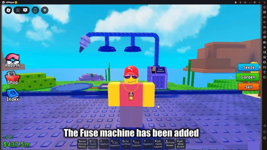 Karakter roblox yang sedang memakai topi merah, kacamata hitam,kalung, baju merah, dan celana ungu.