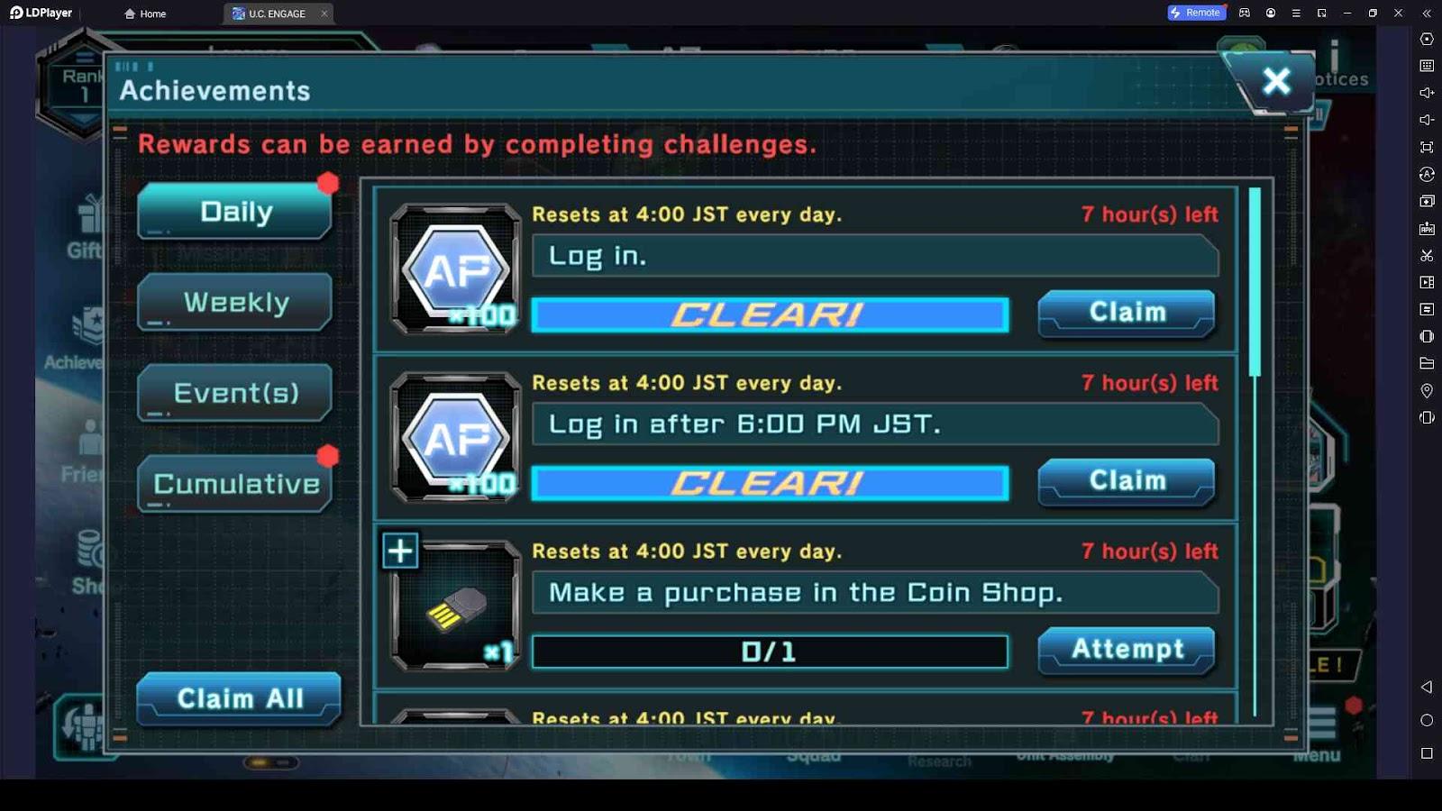 Achievements in Mobile Suit Gundam U.C. Engage