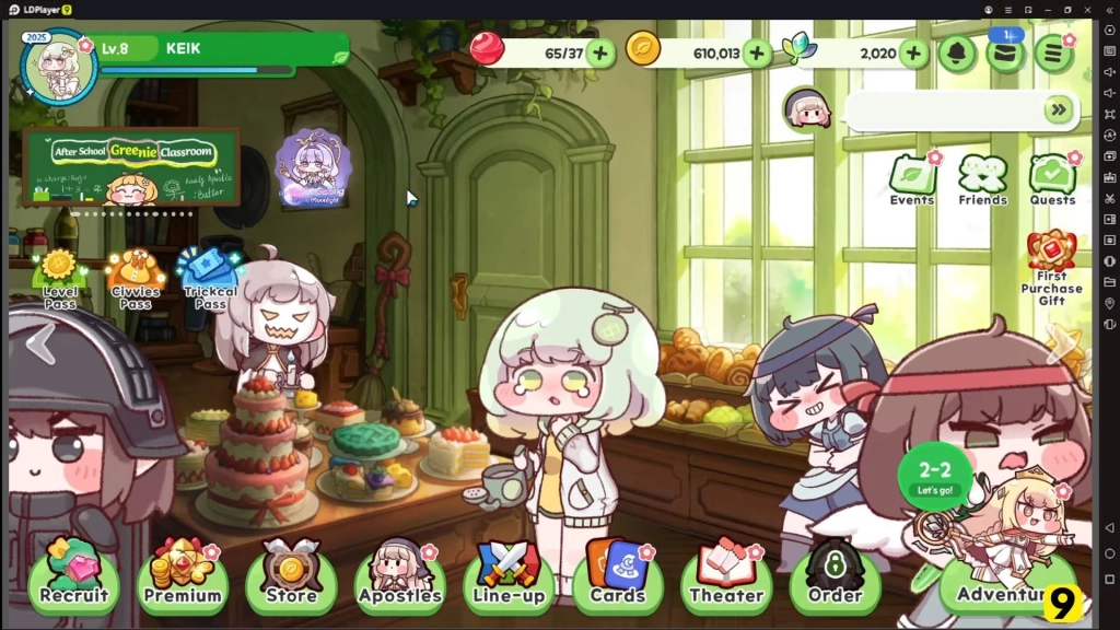 Tampilan layar utama permainan Trickcal: Chibi Go dengan berbagai menu dan fitur terdapat di sekitarnya.