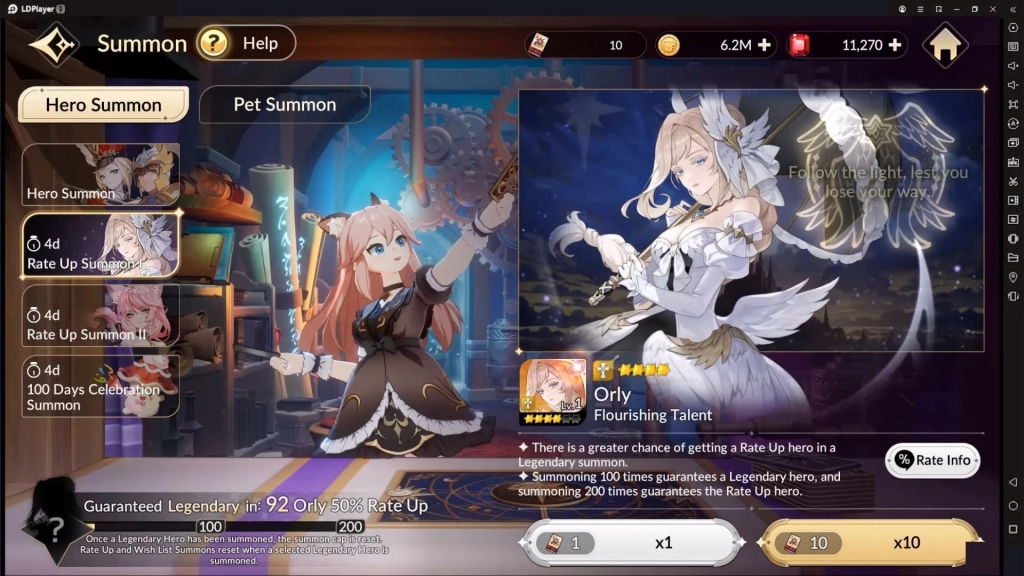 Layar pemanggilan hero dengan banner Rate Up untuk karakter Orly, termasuk informasi jaminan hero legendaris.