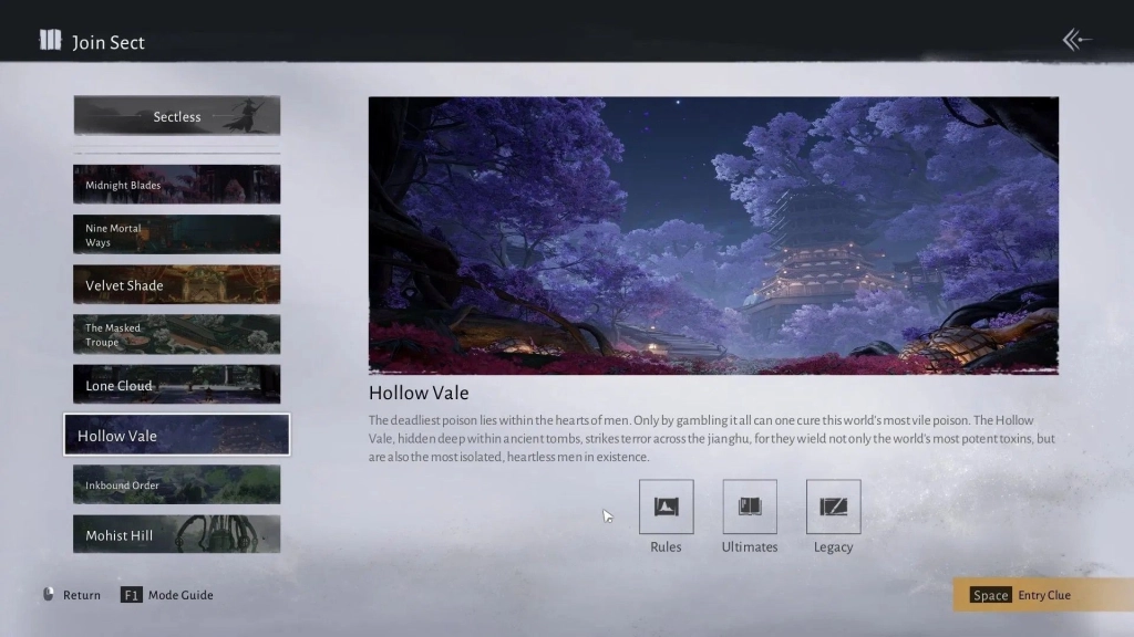 Секта Hollow Vale в игре Where winds meet