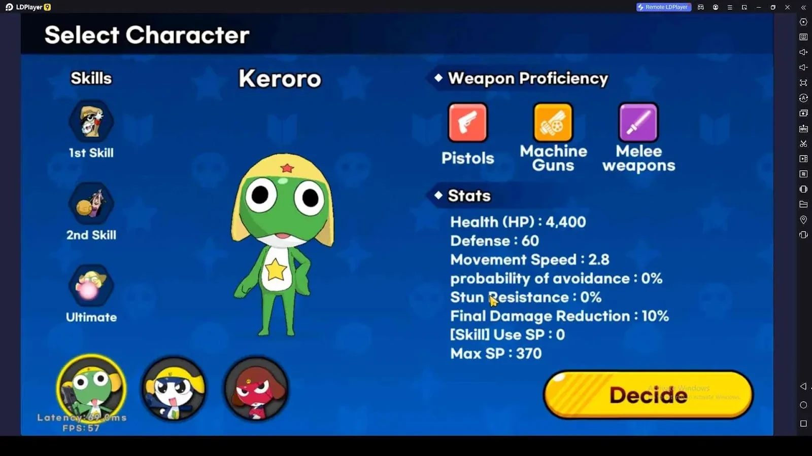 Selecting a Keroro Gun Shooting Character