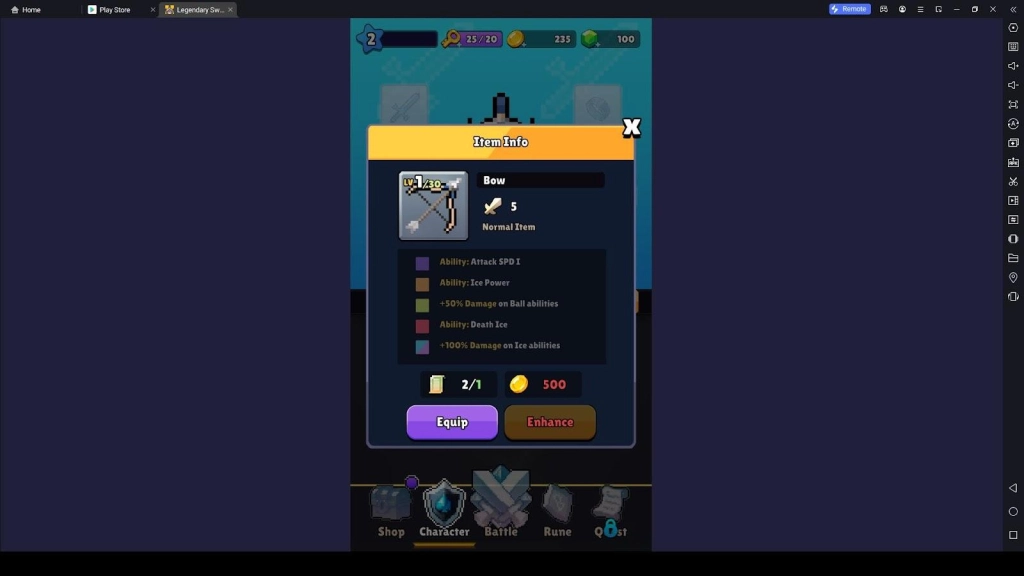 Equipment in the Legendary Sword