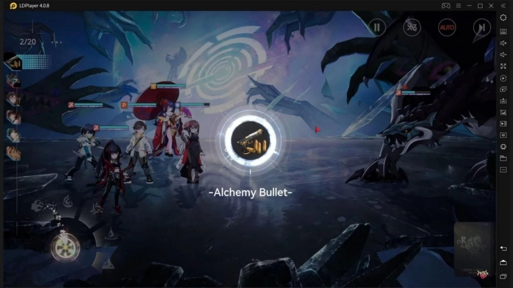 Gameplay Dragon Raja melawan bos naga dengan gambar karakter mendapatkan Alchemy Bullet.