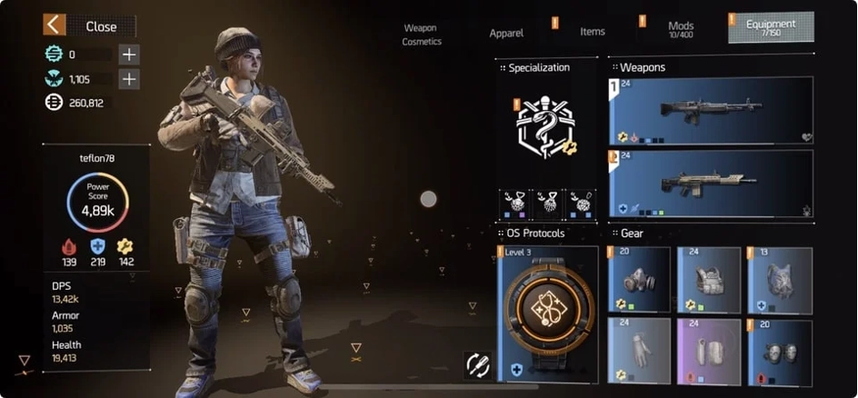 Character inventory UI displaying weapon attachments, brand sets, and gear stats for agent optimization in The Division Resurgence.