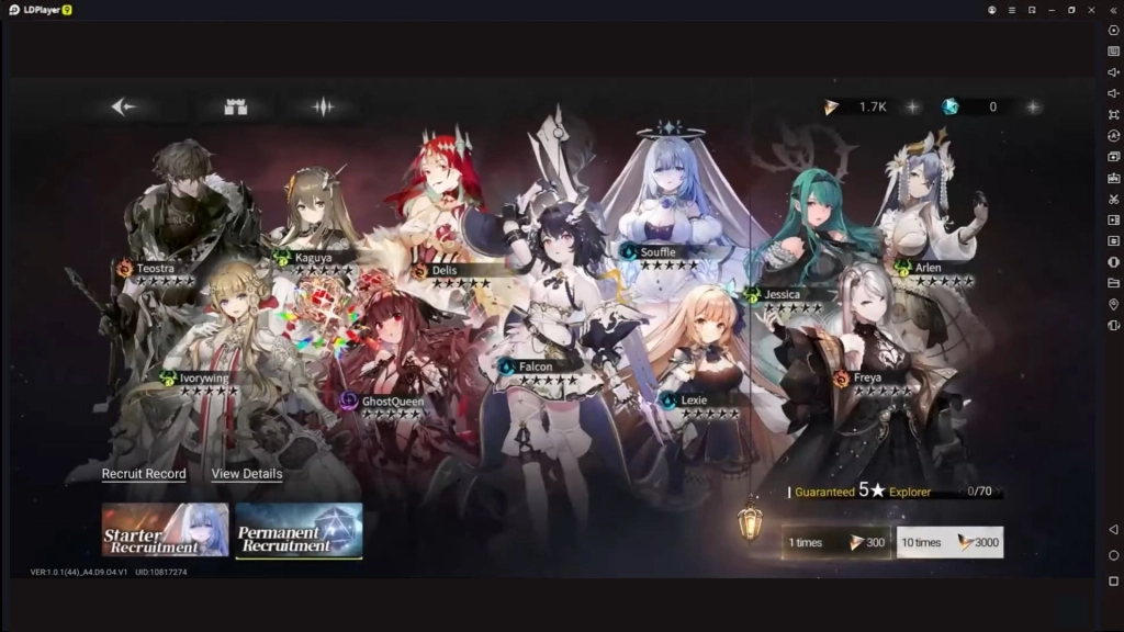 Layar gacha Elpis: Fallen Star menampilkan berbagai karakter seperti Teostra, Kaguya, Delis, Souffle, Arlen, dan lainnya.