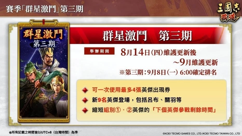 『三國志霸道』新賽季「群星激鬥」第三期開幕！全新LR武將「姜維」、「鮑叔牙」於8月更新登場