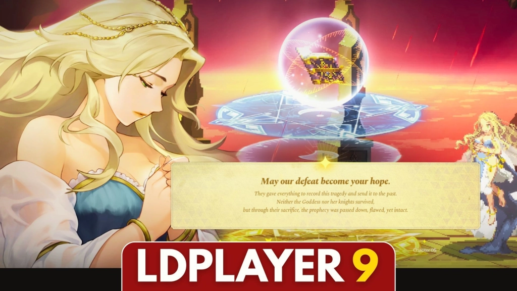 Cutscene Goddess Order menampilkan karakter perempuan berambut pirang dengan kutipan narasi dramatis.
