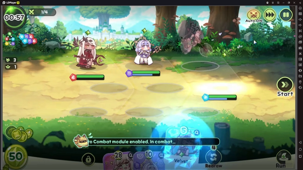 Sebuah tampilan pertarungan di Trickal: Chibi Go di mana velve sekarang gilirannya untuk menyerang.