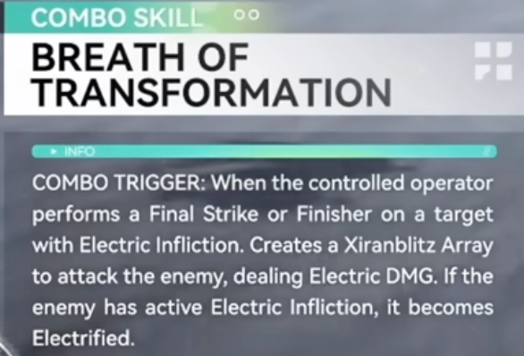 Tactical breakdown of the Breath of Transformation Combo Skill, showing how to convert Electric Infliction into Electrification.