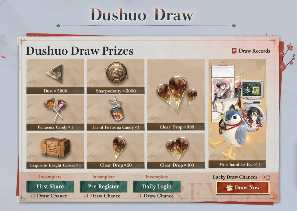 A detailed look at the "Dushuo Draw" lucky draw activity interface, showing various prizes including Clear Drops, Jar of Picrasma Candy, and exclusive merchandise packs.