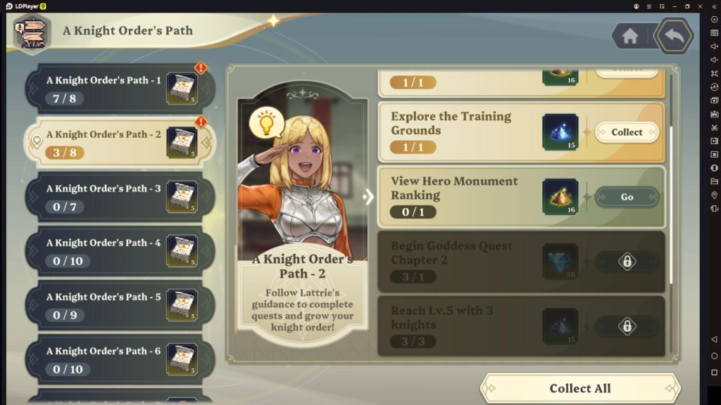 Tampilan menu misi A Knight Order’s Path di Goddess Order yang dijalankan di LDPlayer.