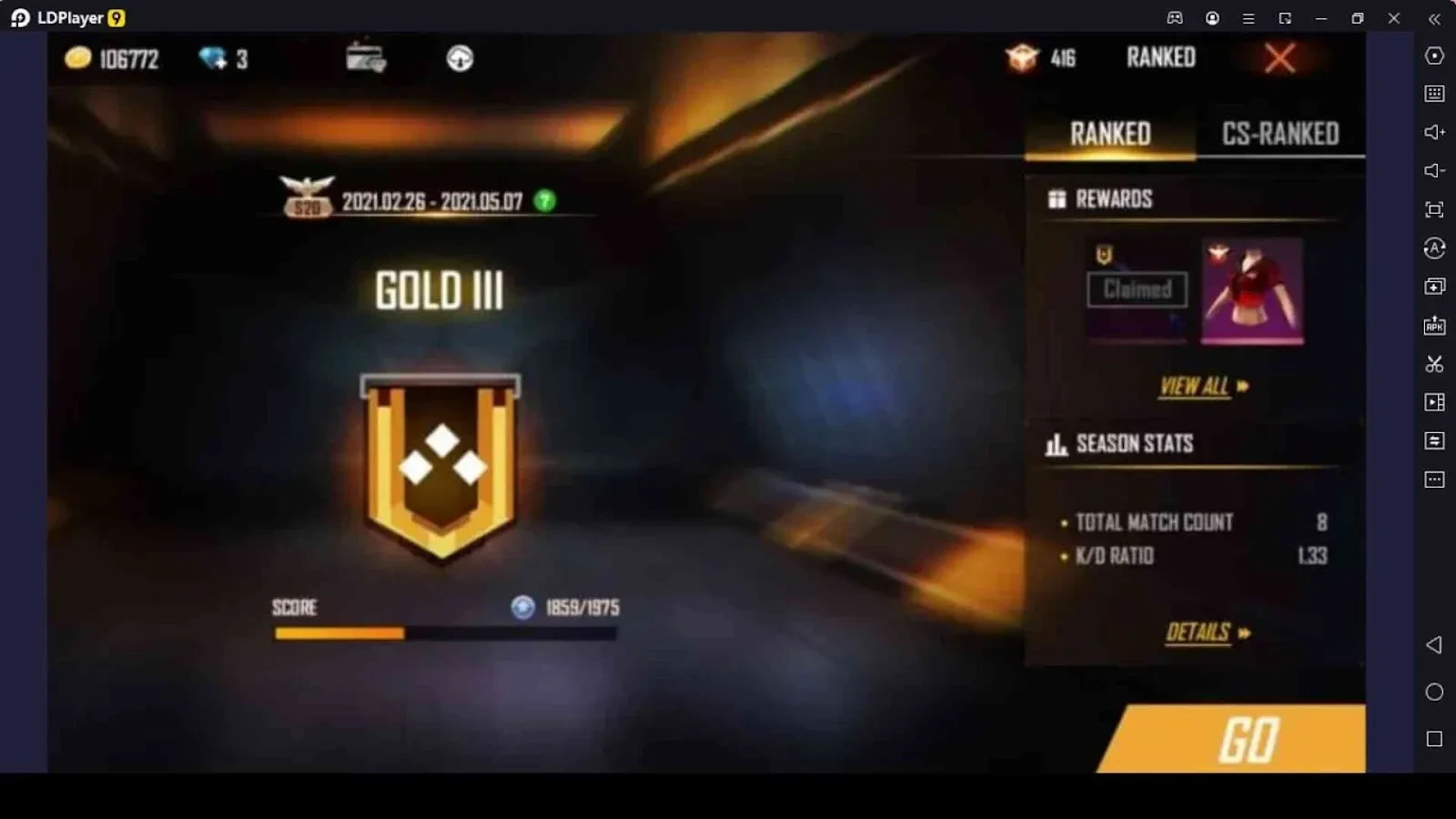 Gold - Third Step in Free Fire Ranks 