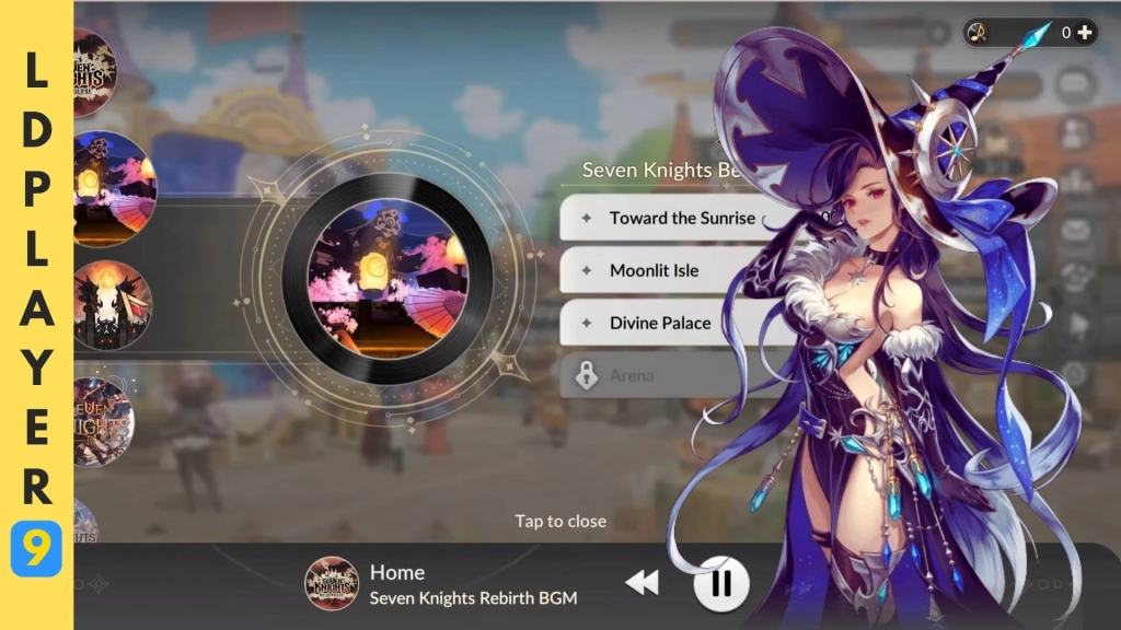 Karakter perempuan penyihir dengan topi besar ungu berdiri di sebelah antarmuka pemutar musik game "Seven Knights Rebirth".