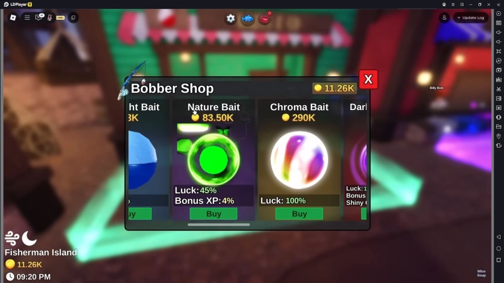 Toko Bobber Shop dalam Roblox Fish It! menampilkan pilihan umpan (bait) seperti Night Bait, Nature Bait dengan luck 45% dan bonus XP 4%, serta Chroma Bait dengan luck 100%.
