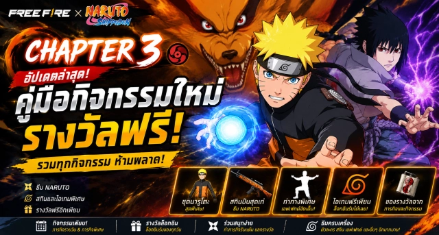 Free Fire x Naruto Chapter 3 อัปเดต คู่มือกิจกรรมใหม่ รางวัลฟรี และวันเปิดตัว