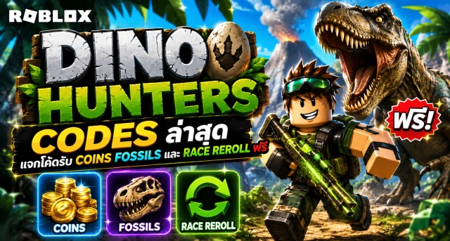 Roblox Dino Hunters Codes ล่าสุด แจกโค้ดรับ Coins Fossils และ Race Reroll ฟรี