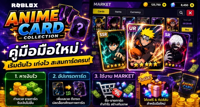 Roblox Anime Card Collection คู่มือมือใหม่ หาเงิน อัปเกรดการ์ด และใช้งาน Market