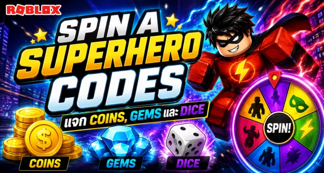 Roblox Spin a Superhero Codes แจก Coins, Gems และ Dice